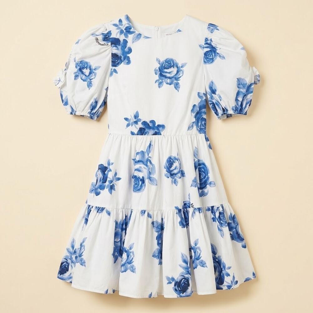 329-Girls White & Blue Cotton Dress Cutout Sleeves by Monnalisa size 12 Msrp 354